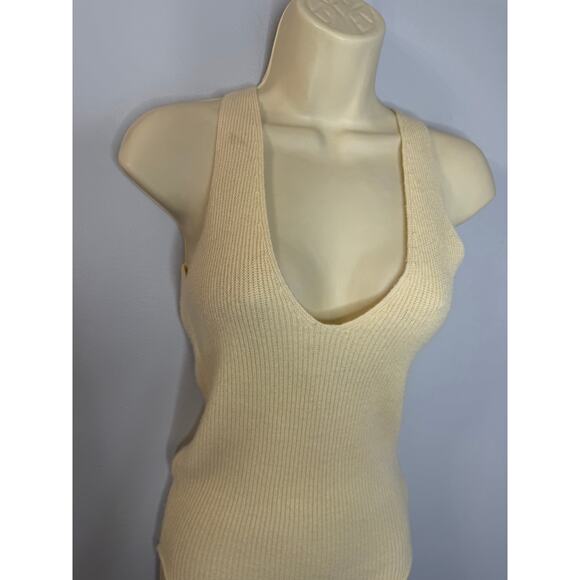 Ryan Roche Cashmere Bodysuit Rib Knit Cream Tie Open Back O/S - Picture 2 of 12